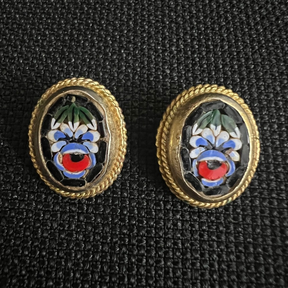 Vintage Italian Micro Mosaic Floral Clip On Earrings Gold Tone Small Cottagecore